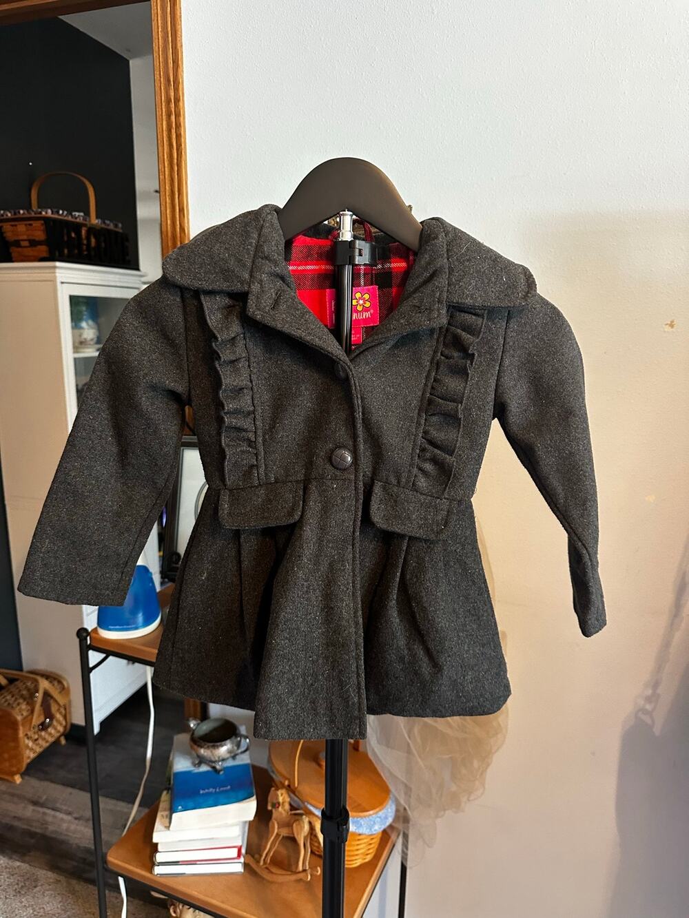 Pink Platinum Girls Charcoal Gray Ruffled Hooded Winter Coat Red Plaid Lining